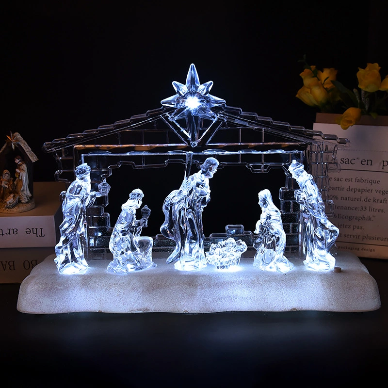 Clear Nativity Five Figurines Scene LED Light Home Church Religious Decoration Christmas Gift