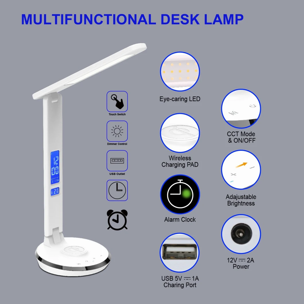 Modern USB Port Home Decor Touch Dimmer Brightness LED Desk Lamp with Qi Wireless Charger